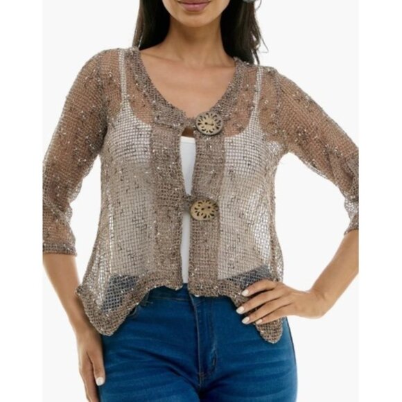 Nina Leonard Open Knit Bolero Cardigan Nina Leonard Large Brown Button Closure - Picture 1 of 11
